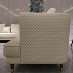 Light Beige Leather Sofa Set with Diamond Quilted Craftsmanship, Natural Wood Veneer & Gold-Tipped Stainless Steel Wooden Legs